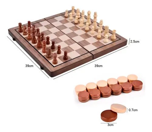 Juego 2 En Uno Ajedrez + Damas 39 × 39 cm |Tablero de Madera Plegable con Imanes