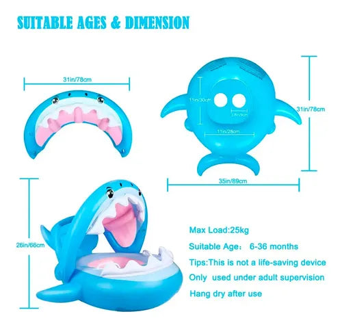Flotador Inflable Piscina Bebé Niño 🦈 Tiburon Shark  Bote con Techo y Diseño de Tiburón